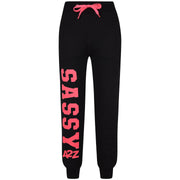 A2Z 4 Kids Girls Tracksuit Sassy Print Fleece Black & Neon Pink Hooded Crop Top Bottom Jogging Suit Joggers Gift For Girls Age 5-6, 7-8, 9-10, 11-12 & 13 Years