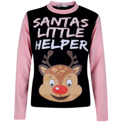 Kids Girls Boys Pyjamas Santas Little Helper Reindeer Contrast Sleeves Xmas PJS