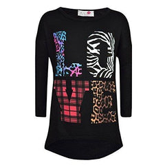 Kids Girls T Shirt LOVE Tartan Zebra Leopard Print Trendy Fashion Top 7-13 Years
