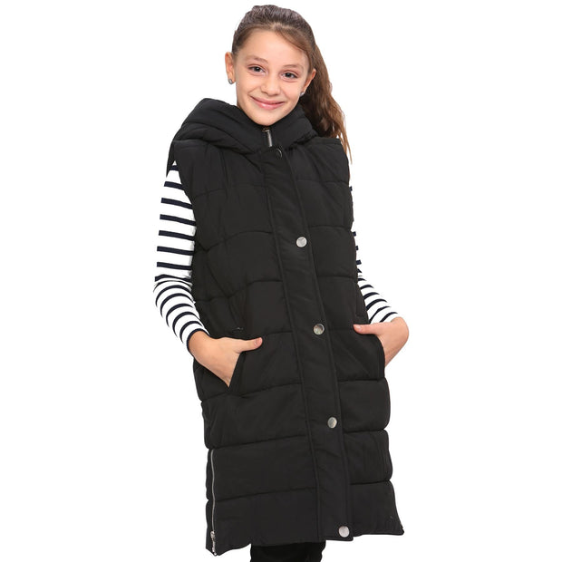 A2Z Kids Girls Black Hooded Quilted Gilet Padded Long Line Vest Down Vest Oversized Jacket Long Sleeveless Coat Urban Winter Wear Age 7 8 9 10 11 12 13 Years