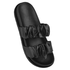 Womens Double Strap Ruched Flat Sandals Slip-On Casual Summer Slider Mule Shoes