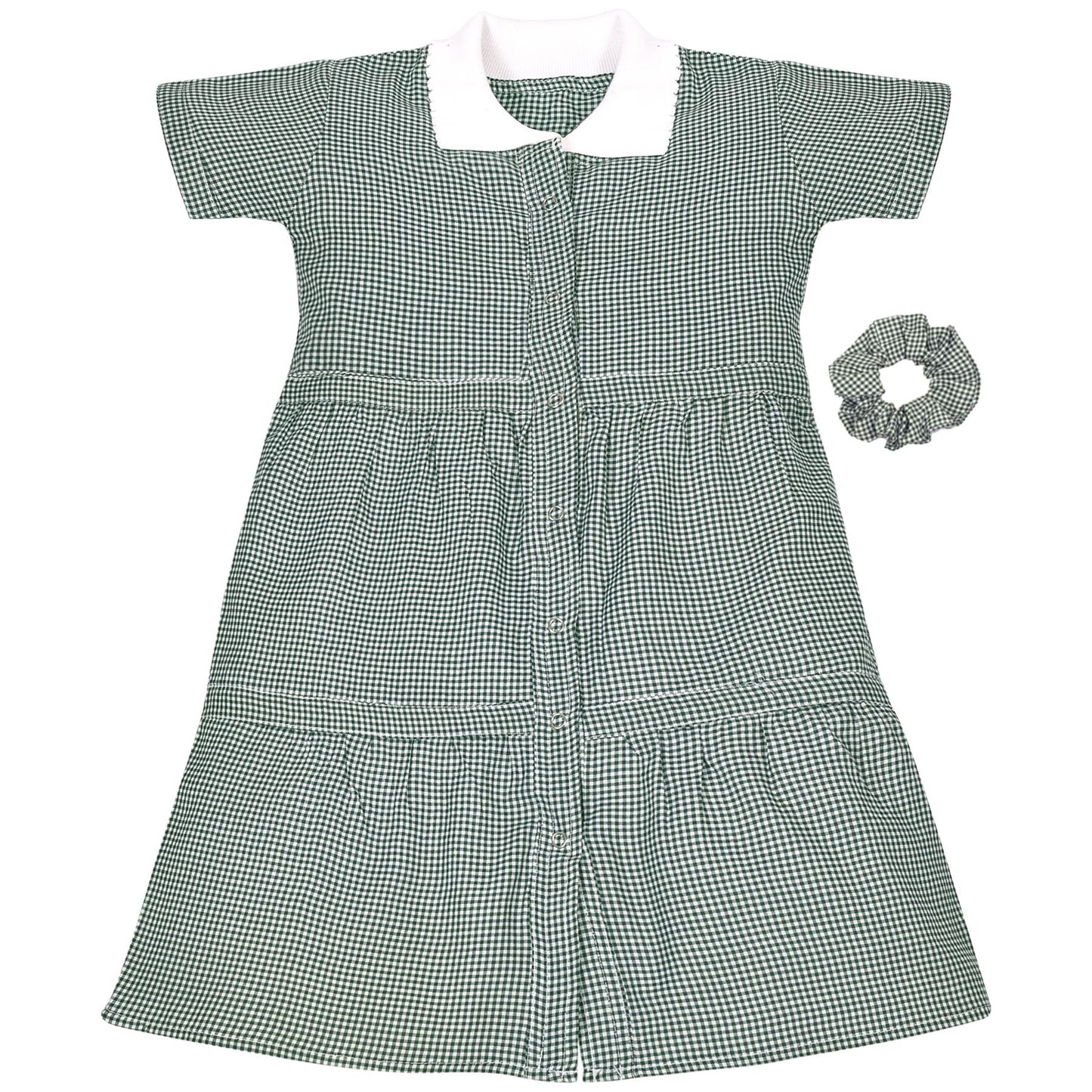 Kids Girls Gingham School Dress Check Button Up Tiered Dresses With Scrunchies