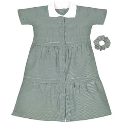 Kids Girls Gingham School Dress Check Button Up Tiered Dresses With Scrunchies