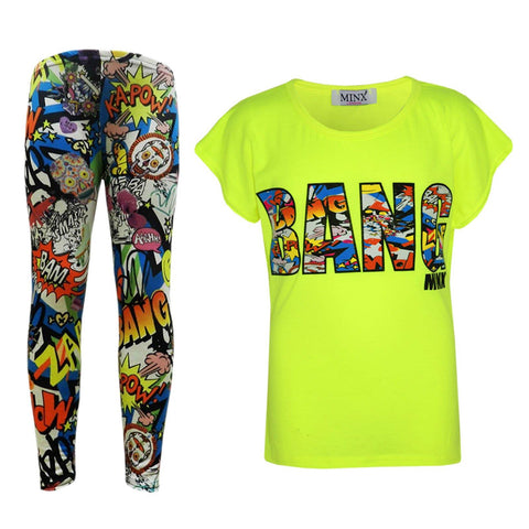 Kids Girls BANG Printed Trendy Top & Stylish Fashion Legging Set Age 7-13 Years
