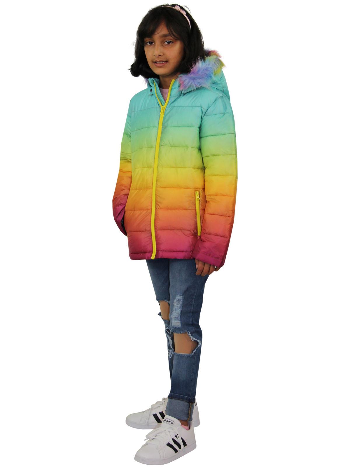 Kids Girls Puffer Jacket Faux Fur Hooded 3D Fade Gradient Padded Thick Warm Coat