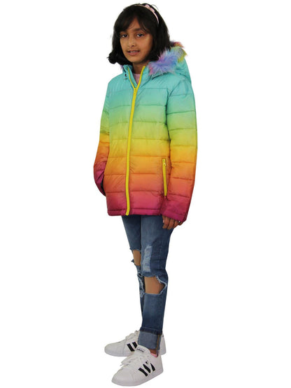 Kids Girls Puffer Jacket Faux Fur Hooded 3D Fade Gradient Padded Thick Warm Coat