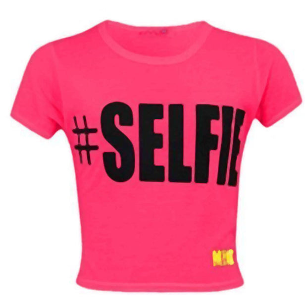 KIDS GIRLS NEW SEASON " # SELFIE " PRINTED CROP TOP T SHIRT 7 8 9 10 11 12 13 Yr