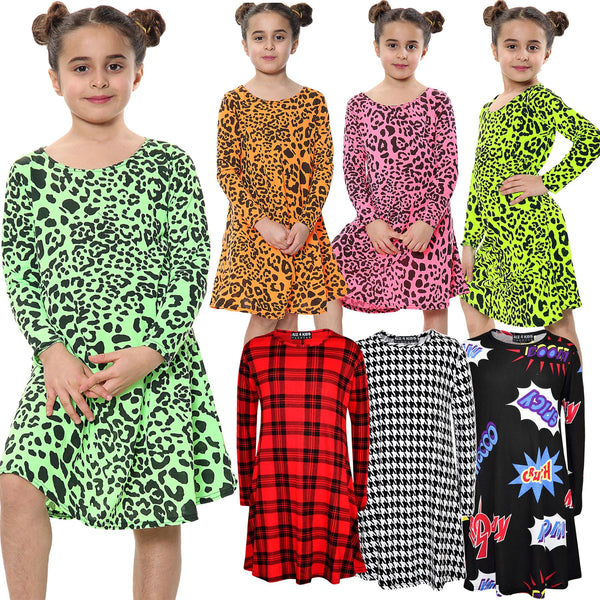 Girls Swing Dress Leopard Top Summer Trendy Top Skater Dresses 5-13 Years