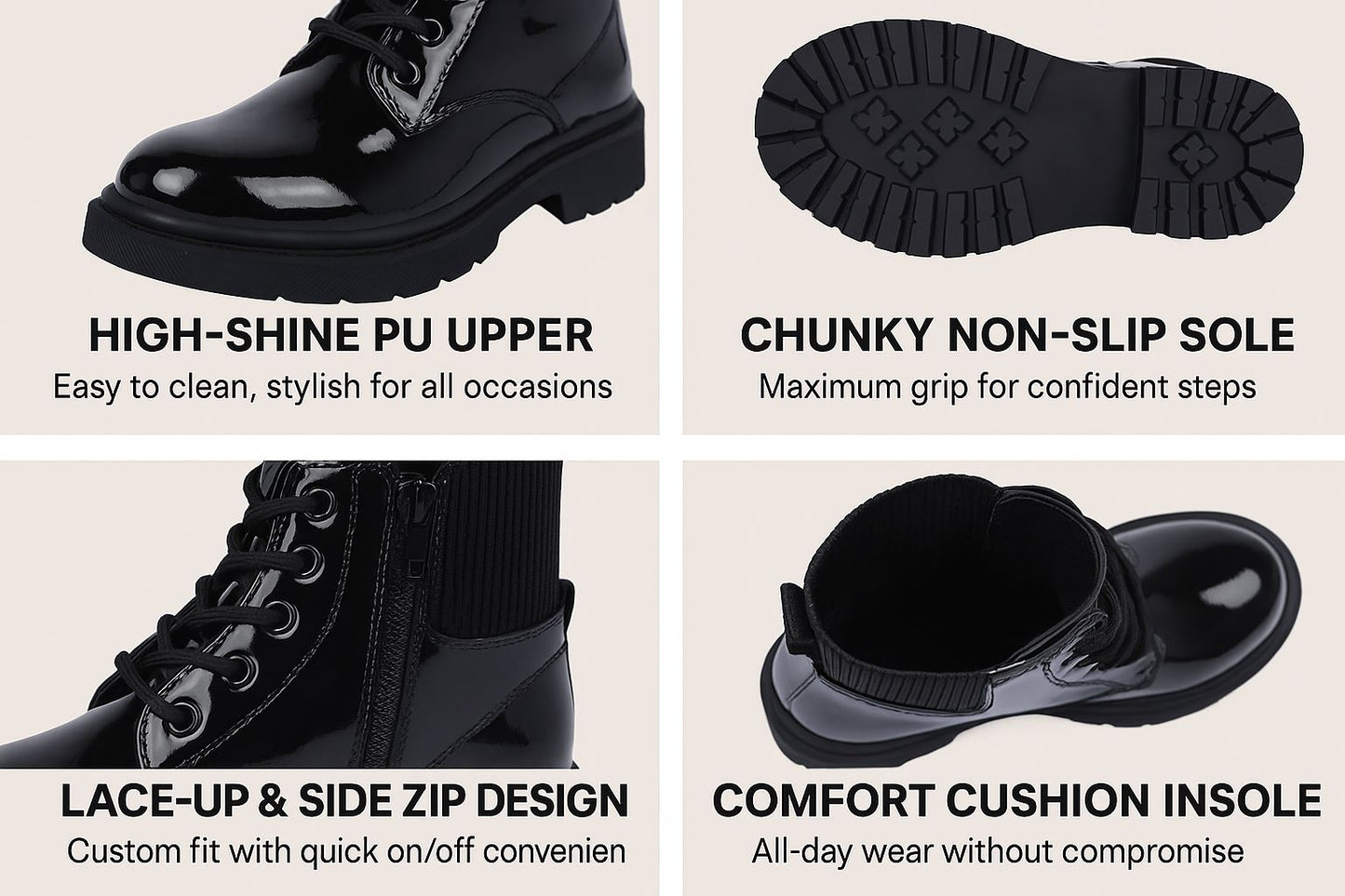 Kids Girls Teens Ladies Lace-Up Ankle Combat Boots with Side Zip Fashion Shoes