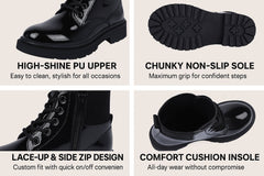 Kids Girls Teens Ladies Lace-Up Ankle Combat Boots with Side Zip Fashion Shoes