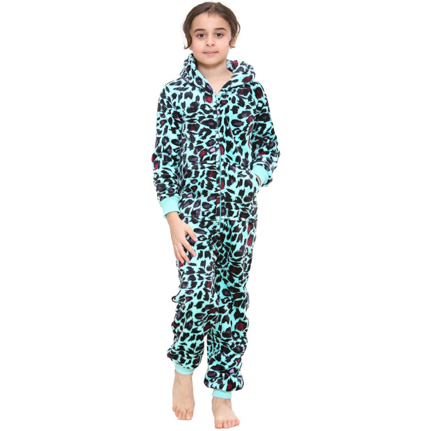 A2Z 4 Kids Girls Onesie Leopard Pyjama Sets Onesie One Piece Hooded All In One