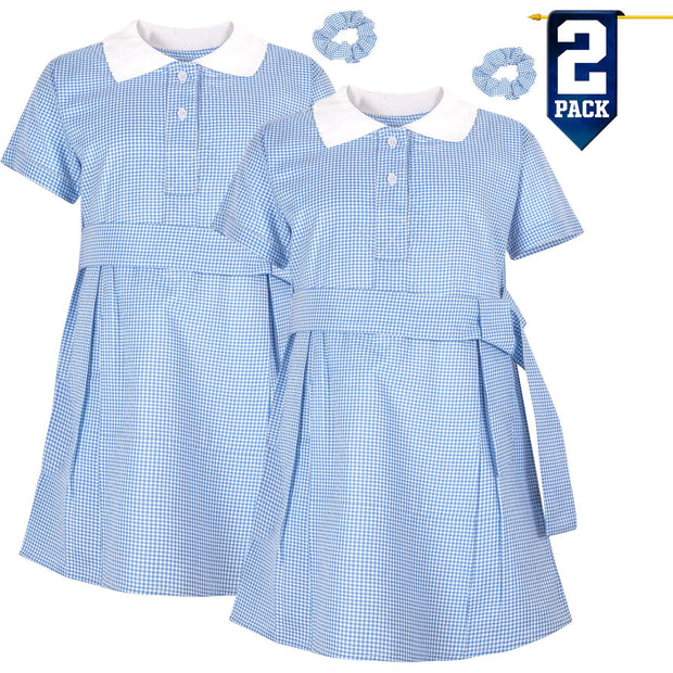 Girls 2 Pack Gingham School Dress Check Belted Dresses With Matching Scrunchies - A2Z 4 Kids