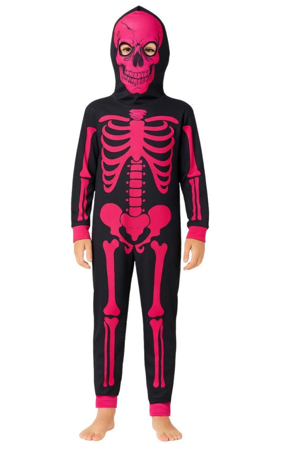 Kids Girls Boys Skeleton Print Pyjama Onesie Neon Pink All In One Halloween Costume