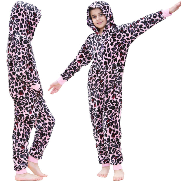 A2Z 4 Kids Girls Onesie Leopard Pyjama Sets Onesie One Piece Hooded All In One