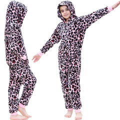 A2Z 4 Kids Girls Onesie Leopard Pyjama Sets Onesie One Piece Hooded All In One
