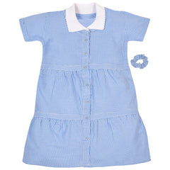 Kids Girls Gingham School Dress Check Button Up Tiered Dresses With Scrunchies