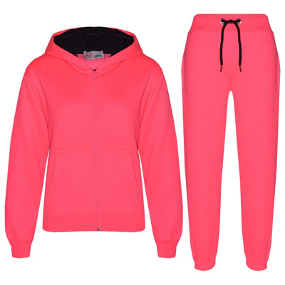 A2Z 4 Kids Plain Tracksuit Neon Pink And Black Contrast Fleece Hoodie with Joggers Jogging Sweatpants Pants Sports Activewear Outfit Set Childrens Girls New Age 5-13 Years