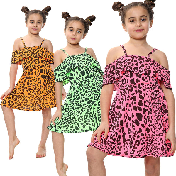 Kids Girls Skater Dress Leopard Print Summer Party Off Shoulder Dress 5-13 Years