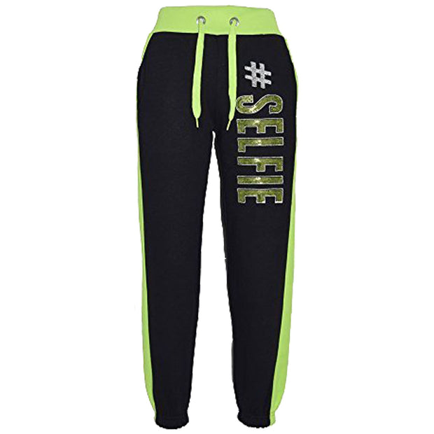 A2Z 4 Kids #SELFIE Tracksuit Sequin Embroidered Black & Neon Green Hoodie with Jogger Sweatpants Sports Casual Fashion Activewear Set Girls Boys Childrens Age 5-13 years