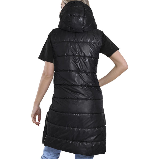 Ladies Sleeveless Gilet Oversized Hooded Quilted Gilet Padded Long Line Coat