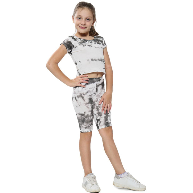 A2Z 4 Kids Tie Dye Grey Crop Top & Cycling Shorts Set Short Sleeves T Shirt Summer Outfit 2 Piece Activewear Girls Boys Age 5-13 years