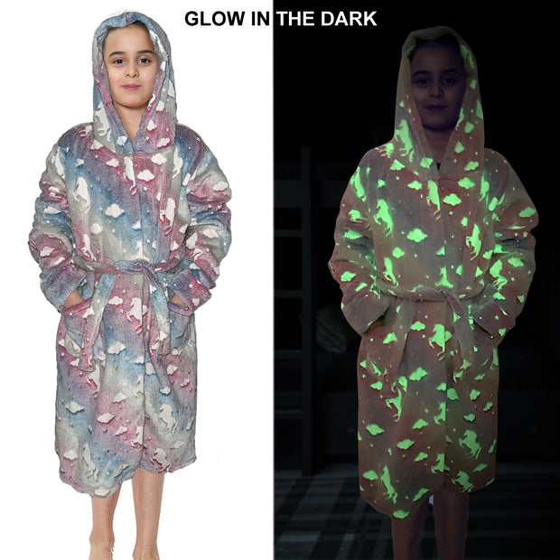 Kids Girls Fleece Glow In The Dark Sherpa Hooded Unicorn Dressing Gown Soft Robe