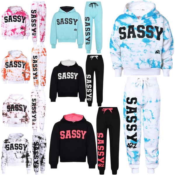 A2Z 4 Kids Girls Tracksuit Tie Dye Sassy Hooded Crop Top Jogging Suit