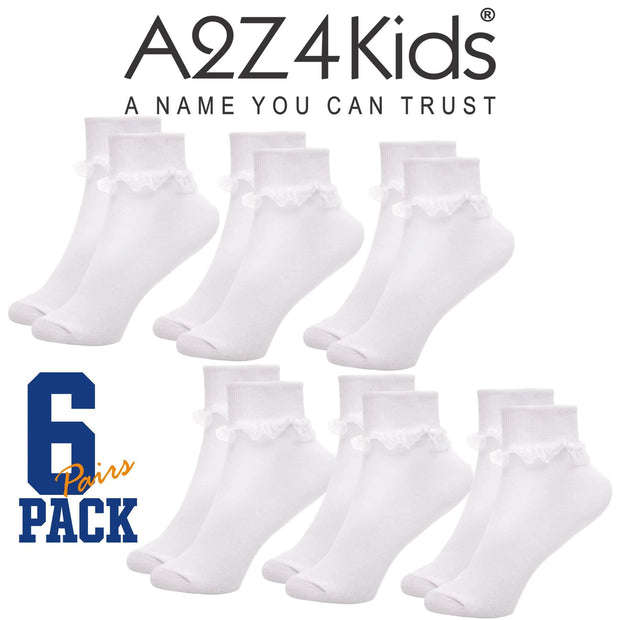 Kids Girls Frilly Lace Socks Pack of 6 Cotton School Party Lace Trim Ankle Socks