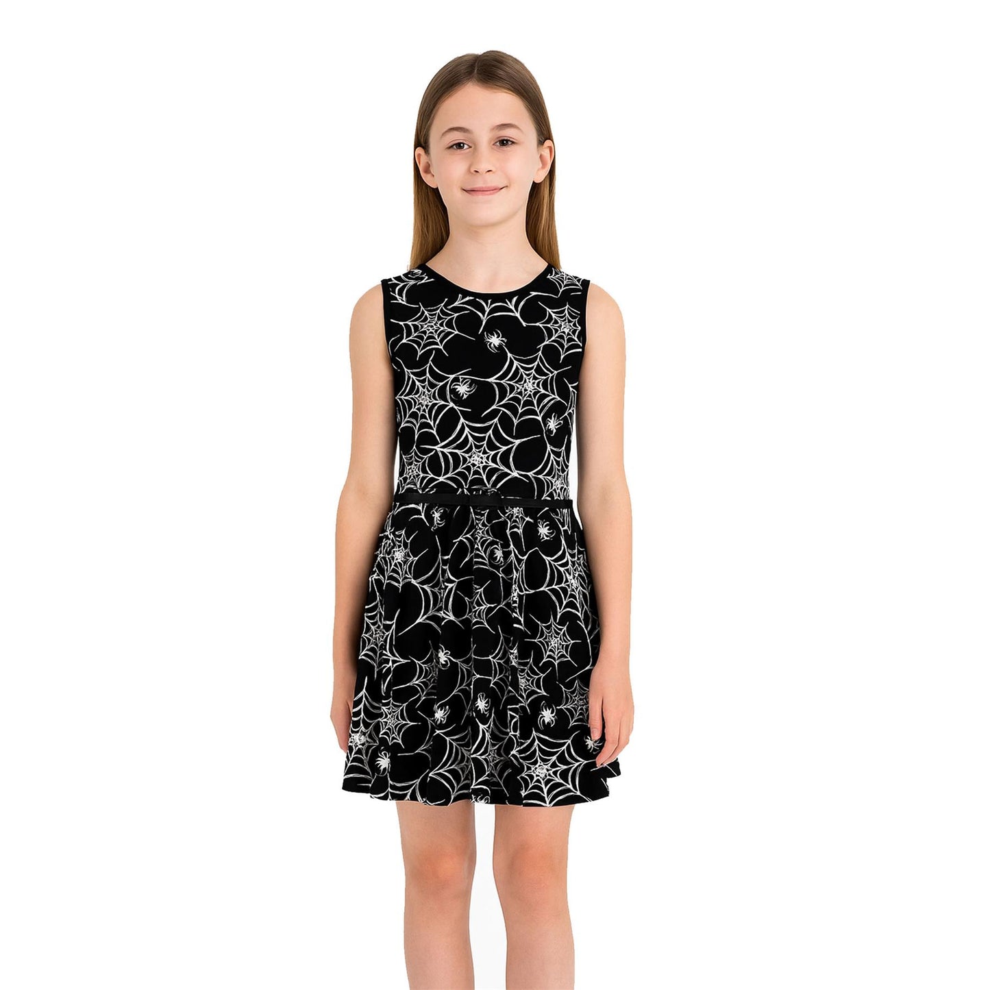 Girls Halloween Dresses Spider Web Print Sleevesless Skater Dress Fancy Costume