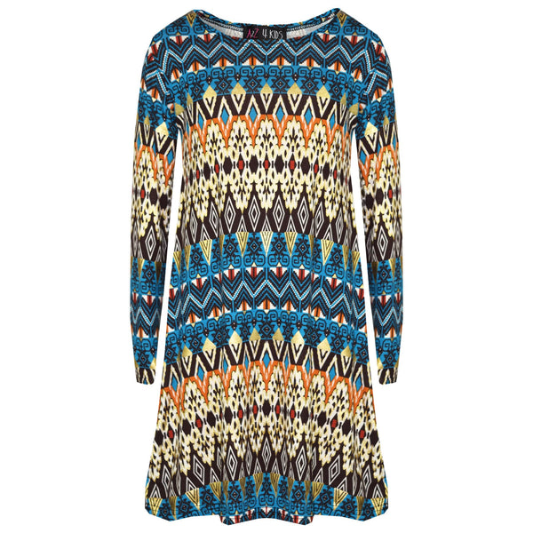 Girls Skater Dress Kids Aztec Print Summer Party Swing Midi Dresses 7-13 Years