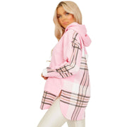 Ladies Hooded Shacket Check Print Colour Block Zip Up Shirt Jacket Oversize Coat