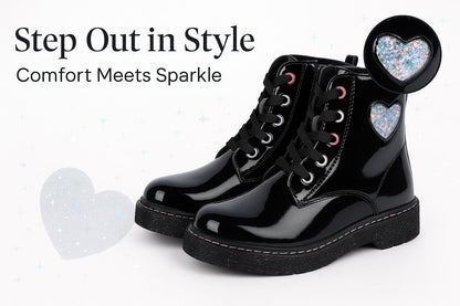 A2Z 4 Kids Girls Teens Ladies School Shoes Black Patent Glitter Heart Ankle Boot