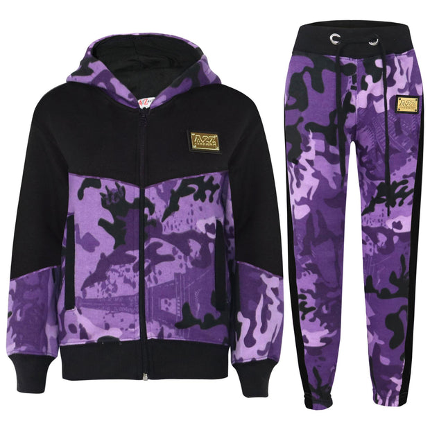 A2Z 4 Kids Girls Cotton Tracksuit Camouflage Purple Fleece Hoodie Top Joggers Bottom Suit Set Age 5-13 years