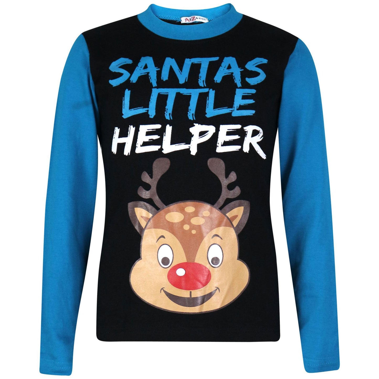 Kids Girls Boys Pyjamas Santas Little Helper Reindeer Contrast Sleeves Xmas PJS