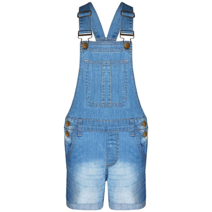 Kids Girls Denim Stretch Dungaree Shorts Jumpsuit Playsuit All In One 7-13 Years