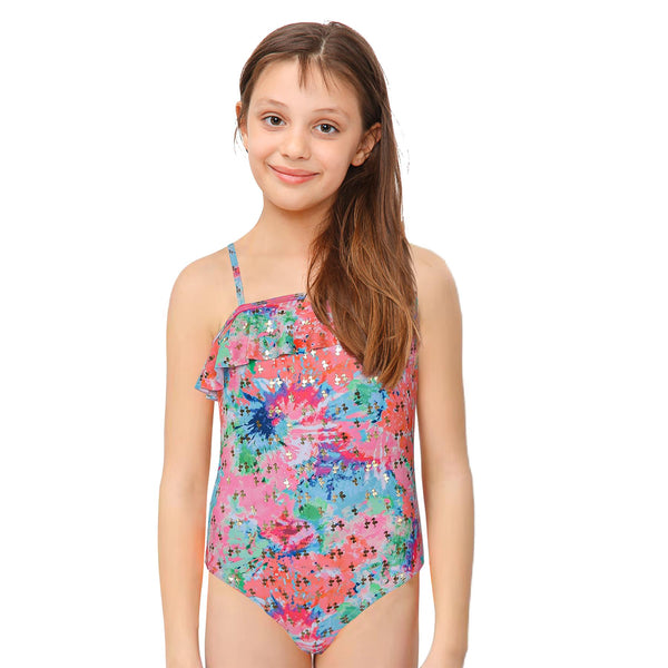 Kids Girls Swimsuit Ruffle Trim Long Sleeve Heart Pattern Swimming Costume 2-14