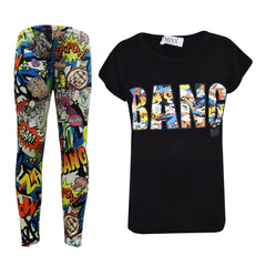 Kids Girls BANG Printed Trendy Top & Stylish Fashion Legging Set Age 7-13 Years