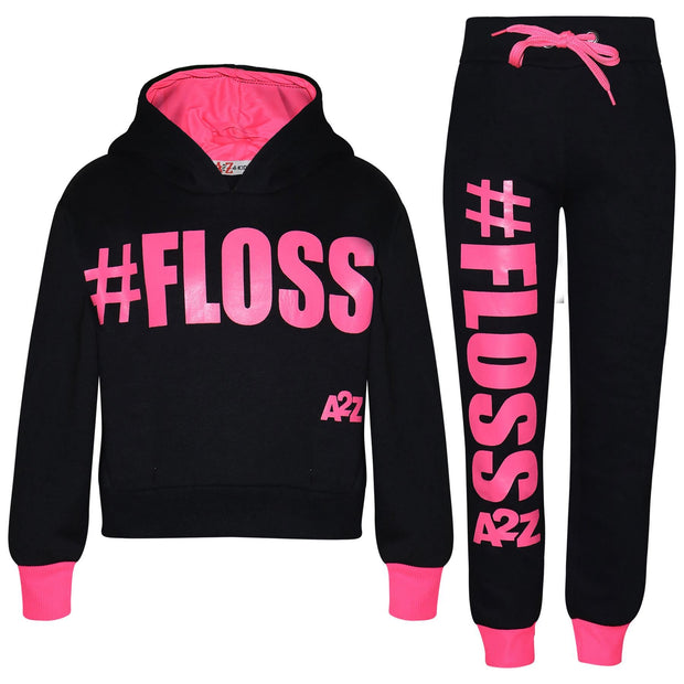 A2Z 4 Kids Girls Tracksuit Designer's #Floss Print Fleece Black & Neon Pink Hooded Crop Top Bottom Jogging Suit Joggers Age 5 6 7 8 9 10 11 12 13 Years