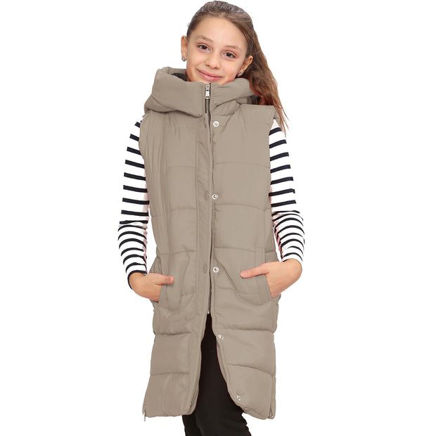 A2Z Kids Girls Down Vest Oversized Stone Hooded Quilted Gilet Padded Long Line Vest Jacket Long Sleeveless Coat Urban Winter Wear 7-13