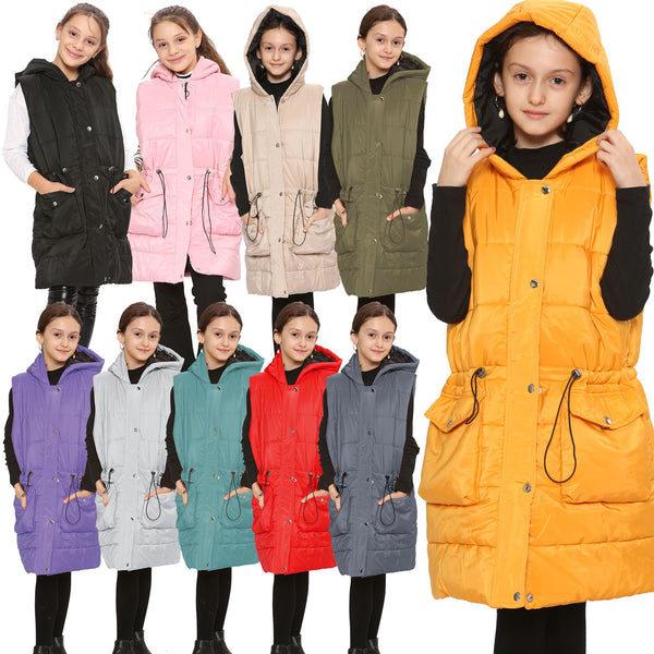 Kids Girls Fashion Oversized Gilet Long Line Jacket Long Sleeveless Coat 7-13 Yr
