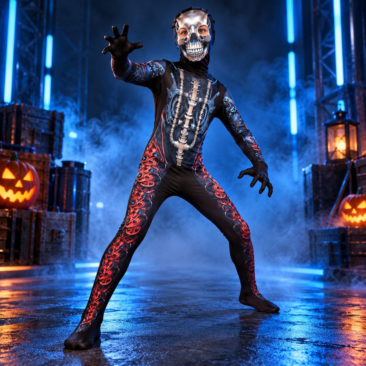 Boys Girls Mecha Skeleton Halloween Costume with Skull Mask Scary Jumpsuit 3-14