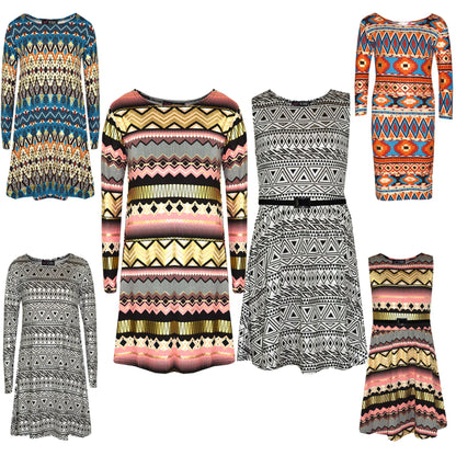 Girls Skater Dress Kids Aztec Print Summer Party Swing Midi Dresses 7-13 Years