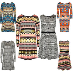 Girls Skater Dress Kids Aztec Print Summer Party Swing Midi Dresses 7-13 Years