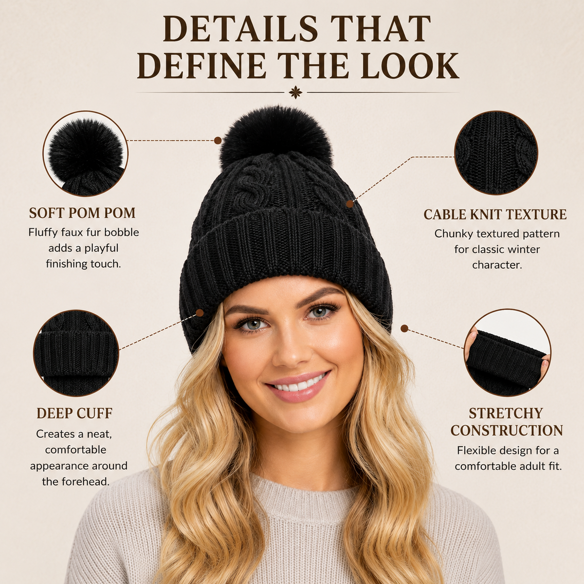 A2Z Ladies Hats Cable Chunky Bobble Knit Pom Pom Winter Warm Cozy Women Caps