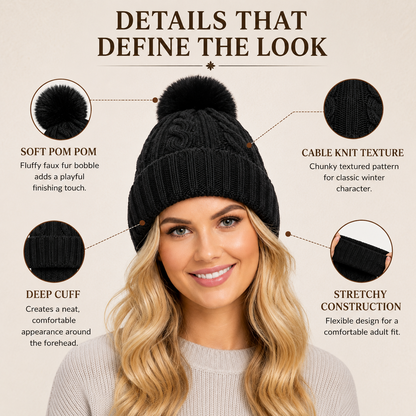 A2Z Ladies Hats Cable Chunky Bobble Knit Pom Pom Winter Warm Cozy Women Caps