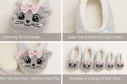 Kids Girls Grey Sequin Cat with 3D Ears Bow Soft Plush Indoor House Slippers