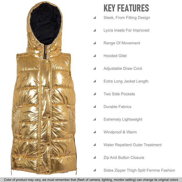 A2Z Ladies Adults Sleeveless Gilet Oversized Hooded Golden Foil Quilted Gilet Padded Long Line Vest Jacket Sleeveless Coat Urban Winter Wear