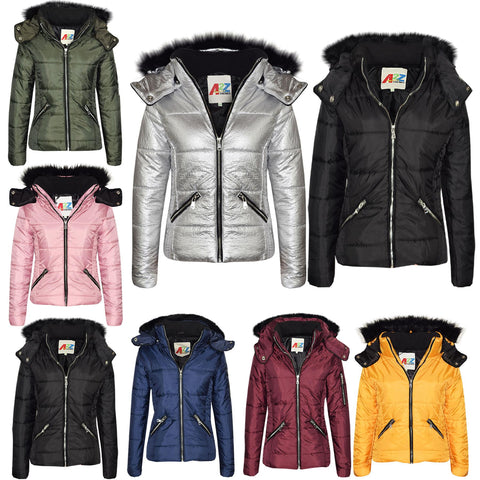 Girls Puffer Jacket Quilted Winter Coat Faux Fur Hood Warm Padded Zipped Coat