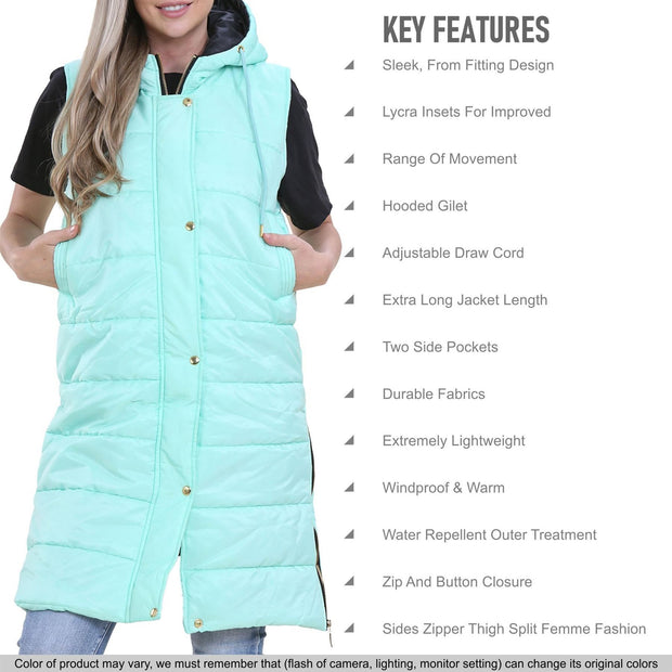 A2Z Ladies Adults Sleeveless Gilet Oversized Hooded Mint Quilted Gilet Padded Long Line Vest Jacket Sleeveless Coat Urban Winter Wear