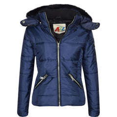 Girls Puffer Jacket Quilted Winter Coat Faux Fur Hood Warm Padded Zipped Coat